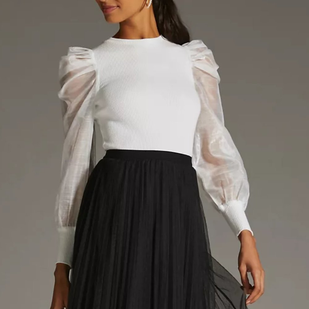 NWT Anthropologie DOLAN Left Coast Sheer-Sleeve Puff-Sleeve Top White - Small
